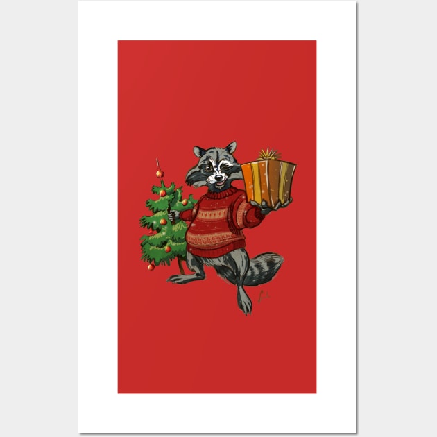 Funny Racoon Christmas Wall Art by SakalDesign